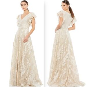 NWT Mac Duggal Flutter Sleeve V-neck Rhinestones Embroidered Gown In Color Ivory